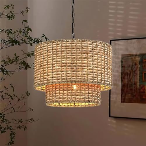 CKENSU 20" Rattan Chandelier Pendant Light, Natural Woven Double Drum Shade, Adjustable Farmhouse Hanging Light Fixture, Coastal Lighting for Kitchen Island, Boho Lighting Fixtures
