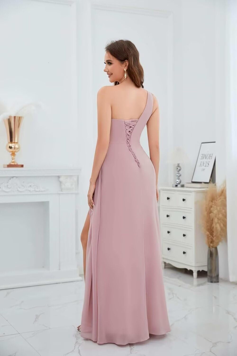 One Shoulder Chiffon Bridesmaid Dresses for Women with Slit Ruched Wedding Guest Dress A-Line Formal Evening Gown