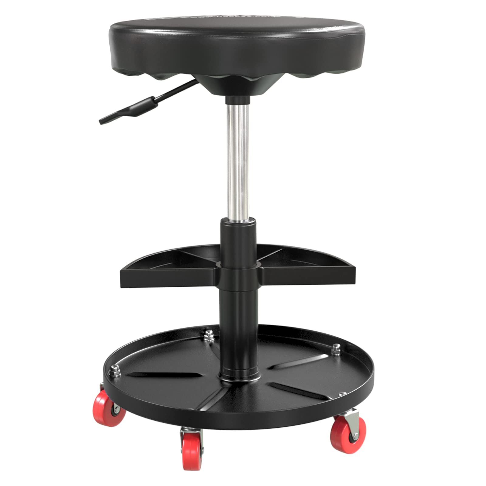 HASKYY Werkstatthocker Rollhocker | Höhe 430-580mm I Sitz Geleinlage | Werkstatt-Arbeits-Hocker-Stuhl-Sitz I 135kg | ø40 cm | 2 Ablagen I Schwarz
