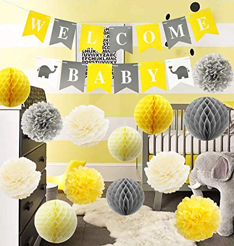 Elefante gris amarillo Decoraciones de la fiesta de bienvenida al bebé Papel de seda Pom Pom Bolas de nido de abeja Bienvenido bebé Banner Decoraciones de la ducha de bebé amarillo y gris