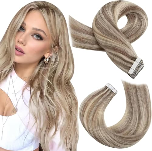 Moresoo Extensiones Adhesivas Pelo Natural 55cm Extensiones Adhesivas Invisibles Pelo Natural Castaño Dorado Medio Con Rubio Platino Extensiones Adhesivas de Pelo #P9A/60 50g 20PCS