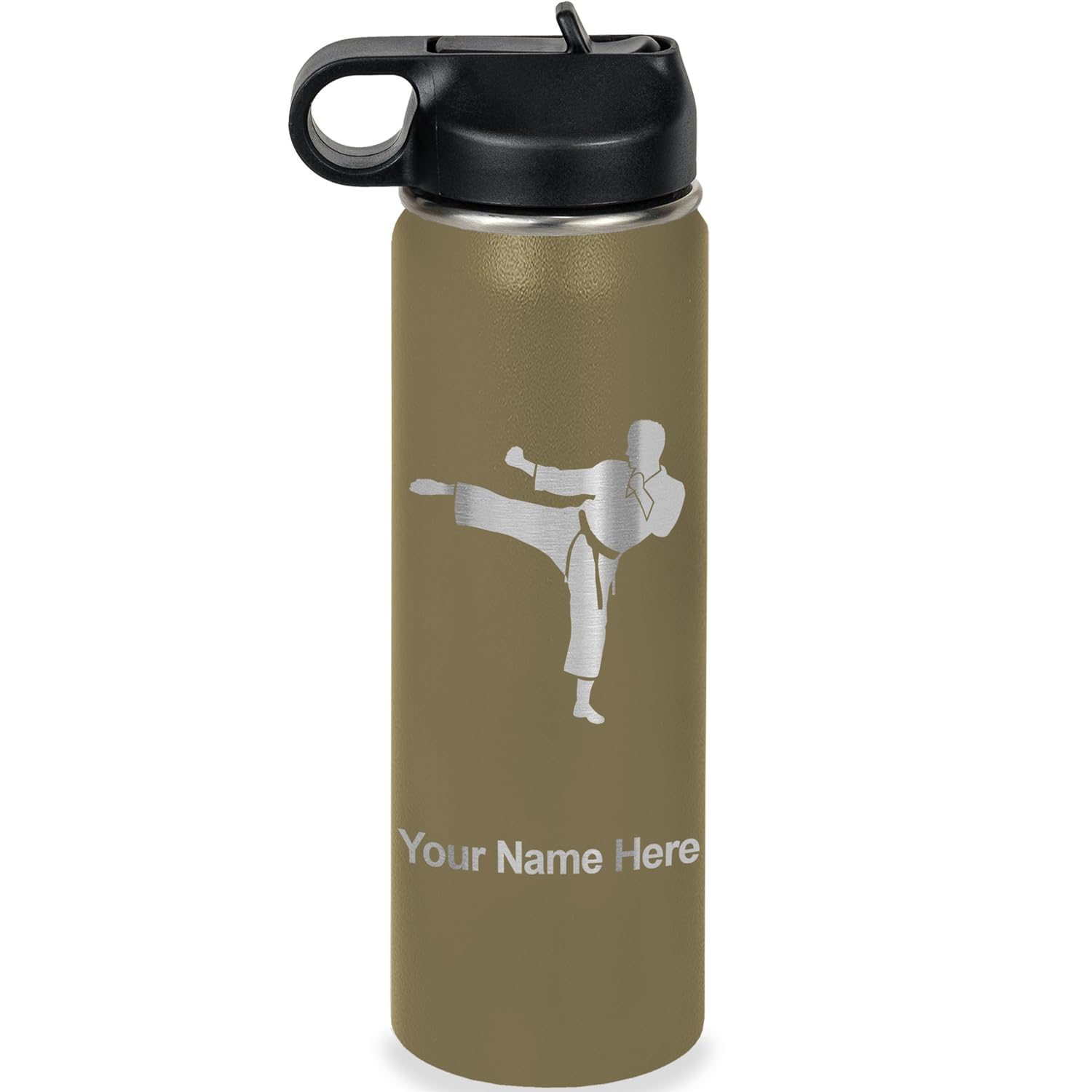 LaserGram Personalized Water Bottle Karate Man Stainless Steel Double Wall Vacuum Insulated with Flip Top Straw Custom Engraved