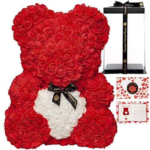 Premium Eternal Roses Rose Bear 100% Handmade 16 Inches, Rose Teddy Bear, Romantic Gift Box Flower Bear Perfect for Birthday's Valentines Premium Eternal Rose (Red with White Heart, 16 Inch)