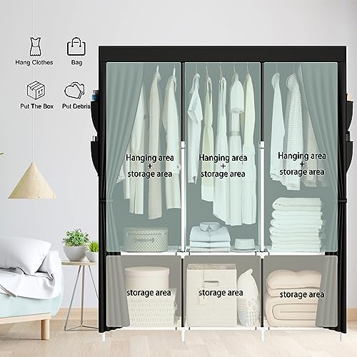 SMILOVII Canvas Wardrobe, Portable wardrobe, Clothes Storage Organiser with Shelves and 3 Hanging Rail, Stylish Clothing Wardrobe with Canvas wardrobes for bedroom - Black - Image 4