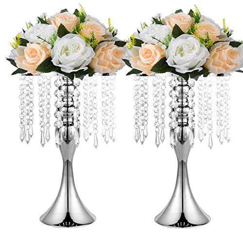 LANLONG 2Pcs Metal Flower Stands - 12.99in Silver Vase for Centerpieces