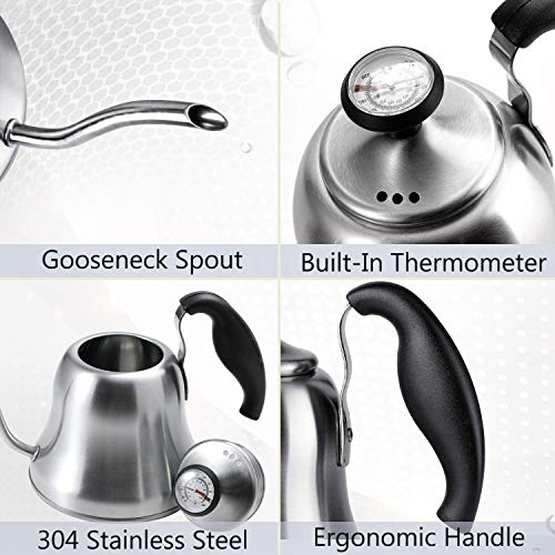 Chefbar Tea Kettle with Thermometer for Stove Top Gooseneck Kettle, Small Pour Over Coffee Kettle, Goose Neck Tea Pot Stovetop Teapot, Hot Water Heater for Camping, Home & Kitchen, Stainless Steel