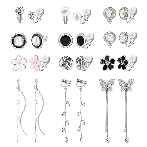 Dochais Boucles d'Oreilles à Clip Pour Femmes - 12 Paires En Argent, Non Percées, Hypoallergéniques, Avec Perles, Fleurs Et Papillons (Argent)