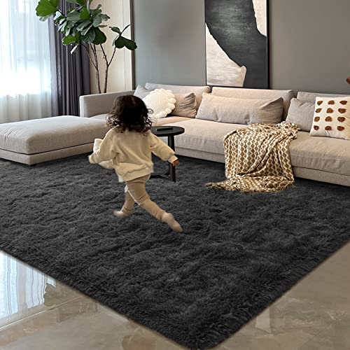 HOMORE Luxury Fluffy Area Rug Modern Shag Rugs for Bedroom Living Room, Super Soft and Comfy Carpet, Cute Carpets for Kids Nursery Girls Home, 8x10 Feet Dark Gray