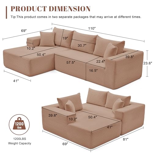 Image of Mangodan 110 inch Cloud Sectional Couch, Modular Sectional Sofa for Living Room, Boneless Sofa with Deep Seat, Comfy Fluffy Couch with L-Shaped Chaise, No Assembly Required (Left-Facing Chaise, Camel)