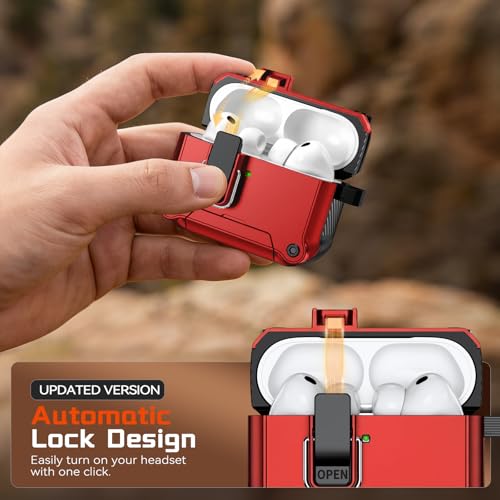 Image of Inesore for AirPods Pro 3 Case with Secure Lock (Red) | Phone Stand Design,Compatible with MagSafe,Automatic Snap Switch Secure Cover with Cleaner Kit & Keychain