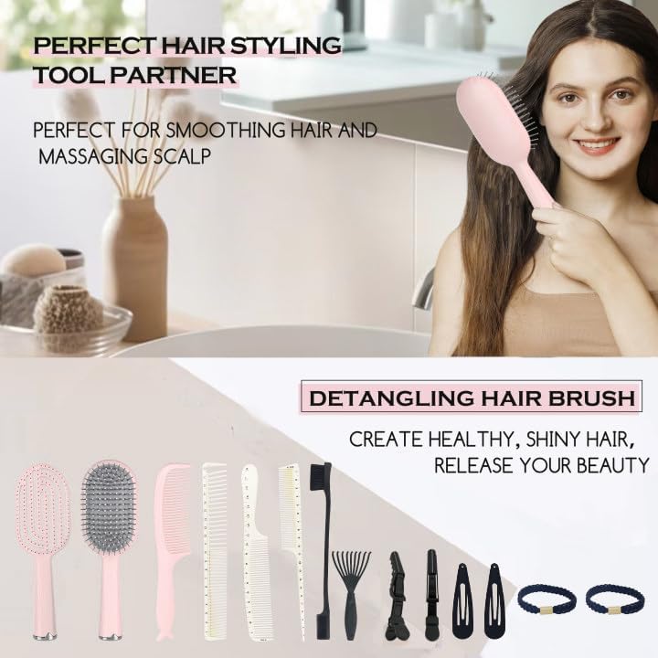 女性用ヘアブラシとコームセット ギフト14個 ピンクパドルブラシ ヘアスタイリング用ベントブラシ ホワイトラットテールコーム付きヘア