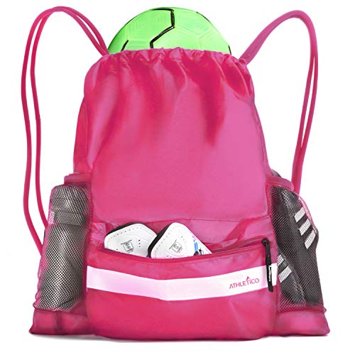 Bolsa de futebol com cordão atlético – Mochila de futebol para meninos ou meninas também pode carregar basquete ou vôlei, rosa