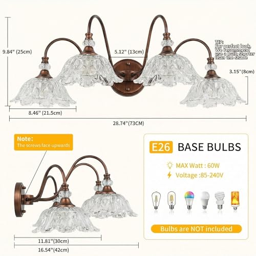 Image of Antique Red Bronze Finish Bathroom Vanity Light, 4-Light Vintage Vanity Light with Floral Clear Glass Shades, Retro Wall Mount Lighting for Bathroom, Dressing Table