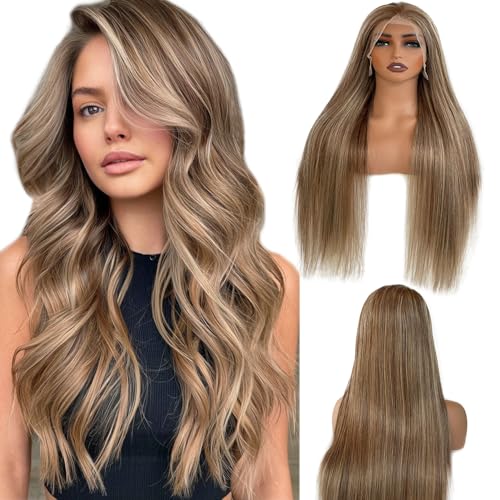 Image of 28 Inch Ombre Brown Highlight Lace Front Wigs Human Hair Balayage Brown with Ash Blonde Highlights Brazilian Raw Human Hair 13x6 HD Frontal Wig Pre Plucked 180% Density Glueless Wigs for White Women