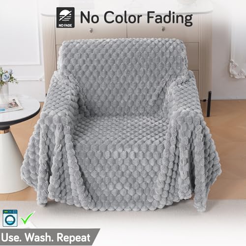 Image of HOKIPO Luxury Premium Rabbit Wool Plush Fluffy Sofa Cover, Sofa Throw for 1 Seater Sofa, 180(D) x 190(L) cm, 'BunnySoft Series' Moon Grey (AR-5073-GRY)