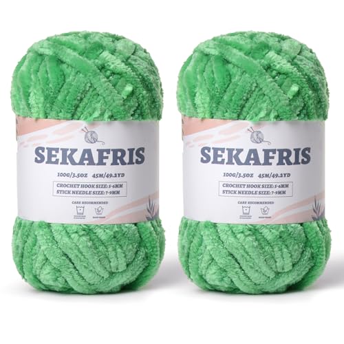 Image of Chenille Velvet Soft Yarn Green 2 Pack | 200g /98.4yds Fuzzy Chunky Chenille Yarn for Crocheting Plush Yarn for Hand Knitting Amigurumi Fluffy Yarn