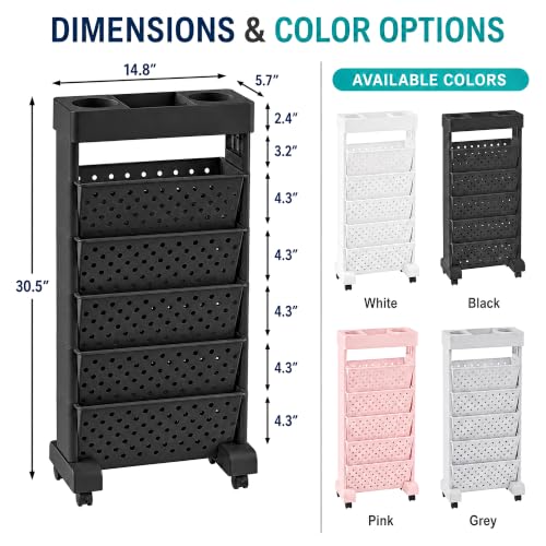 Image of BYFU 6-Tier Rolling Bookshelf, Multi-Functional Storage Rolling File Cart with Lockable Casters for Office Kitchen Classroom Organization and Storage, Black