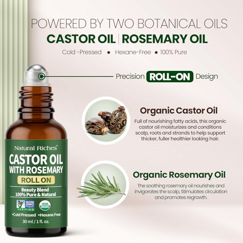 Natural Riches Organic Castor Oil with Rosemary Roll On for Hair Growth & Skin Care - Essential Oil Roller for Eyebrows, Eyelashes - Cold Pressed & Hexane Free Formula - 1 fl oz