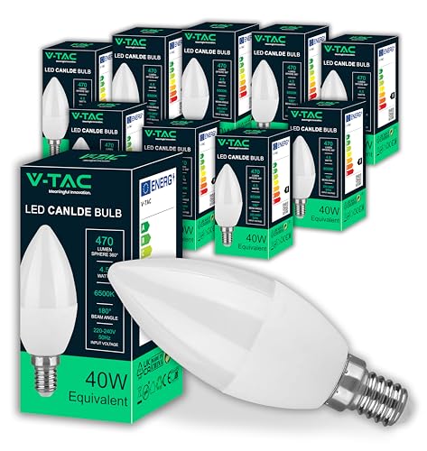 V-TAC 10x Lampadine LED Candela E14-4,5W (Equivalenti a 40W) - Lampadine di Nuova Generazione - 470 Lumen - Massima Efficienza e Risparmio Energetico - 6500K Luce Bianca Fredda
