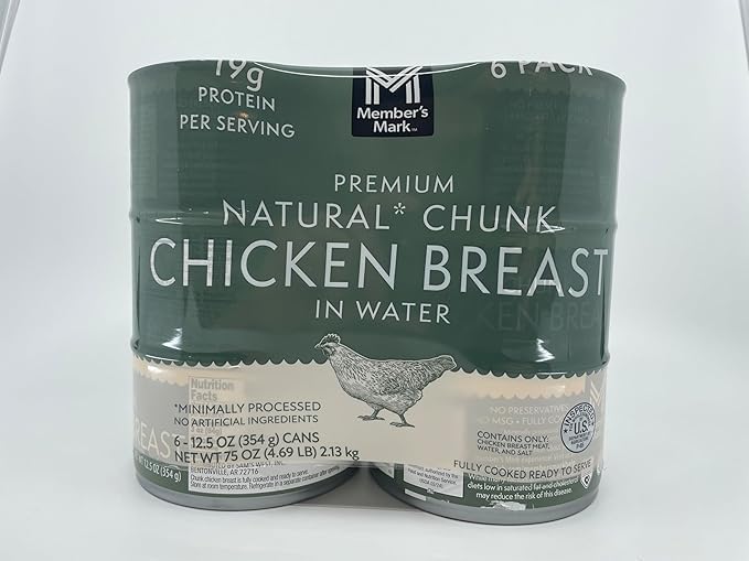 Member Mark Premium Natural Chunk Chicken Breast in Water, 6-12.5 Oz. Cans | 19g Protein Per Serving, Fully Cooked and ready to Serve