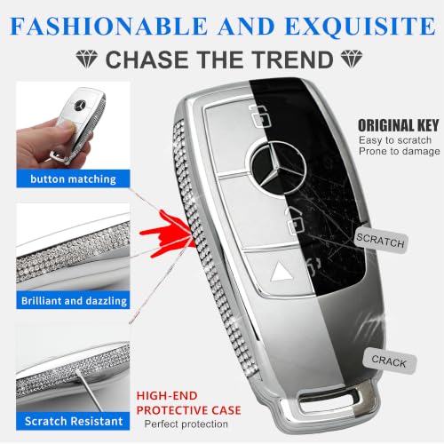 Image of Creativity for Mercedes Benz key cover and keychian (Grey Combination) | TPU key Case with Rhinestones is compatible with CLS CLA GLA AMG A C E S G GLC GLE GLS M smart remote key