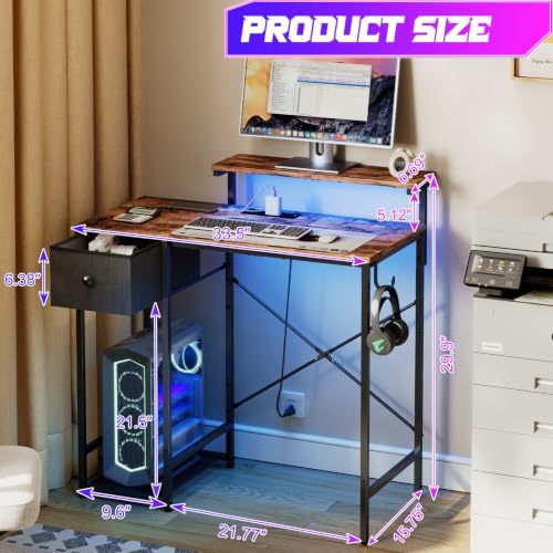 Image of X-cosrack 33.5 inch Small Gaming Desk with LED Lights & Outlets, Monitor Stand | Computer Desk for Bedroom, Writting Studying Table with CPU Stand& Charging Station