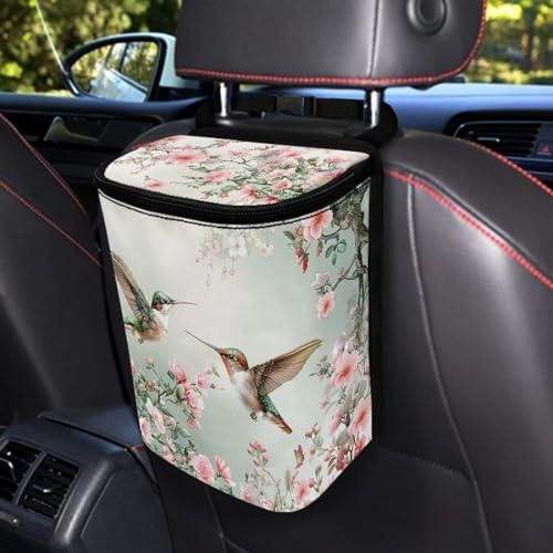 Image of Talayituse Hummingbird Floral Print Car Trash Can with Lid, Leak Proof Auto Trash Bag Hanging Vehicle Garbage Can Multipurpose Storage Container for Back Seat Road Trip