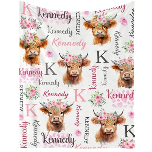 Image of Personalized Highland Cow Blankets, Custom Highland Cow Gifts for Boys Girls,Soft Flannel Animal Throw Blanket with Name,60 inchx80 inch for Adults