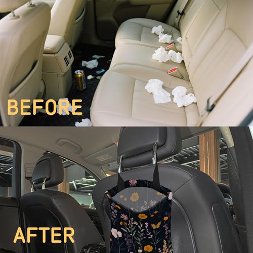 Image of Colorful Meadow Herbs Car Garbage Bag,Flying Butterfly Small Car Trash Bag Hanging,Drawstring Car Garbage Bag with Adjustable Buckle for Car Back Seat,SUVs,Camping,Road Trips