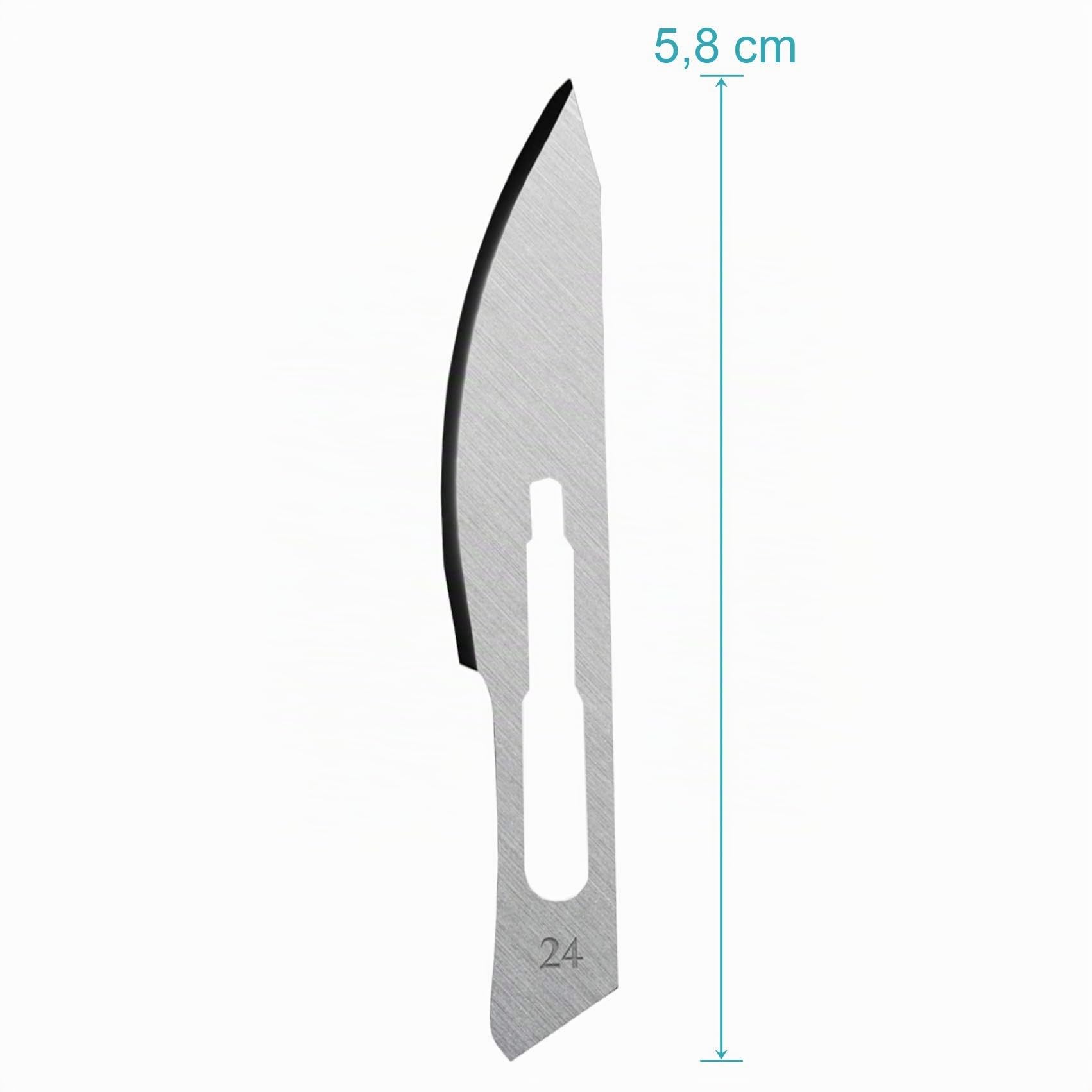 May Skalpell Set – 100 Sterile Skalpellklingen Figur 24 aus Karbonstahl, einzeln verpackt – Inkl. Edelstahl Skalpellhalter Nr. 4 – Präzisions Einwegklingen für Basteln, Modellbau & Fußpflege