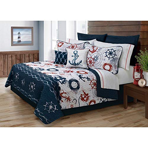 5 Piece Coastal Quilt Set King, Nautical Ocean Sea Life Anchor Sailing Harbor Voyage Beach Maritime Club Red Blue White Bedspread Lightweight Beautiful Decorative Warm Cozy Comfy Microfiber