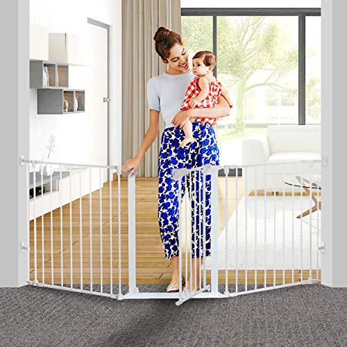 KingSo 80 inch Auto Close Baby Gate Super Wide Safety Gate Foldable Extra Wide 33-80 inch Walk Thru for House Stair Doorways Hallways Include Hardware Mounts(30\" Tall, White)