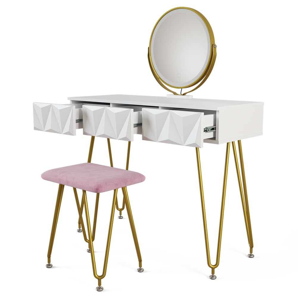 Vicco Tavolo da toeletta Ruby, Bianco, 100 cm | con illuminazione LED e sgabello, Spazio per trucco, prodotti per capelli e cura sempre a portata di mano