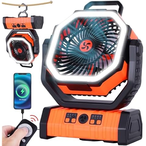 TDLOL 20000mAh Camping Fan Battery Operated Fan,Portable Fan Rechargeable Battery Powered Fan with LED Light,360°Oscillating Fan & 8H Timer Battery Fan Portable Camping Fan USB Personal Fan with Hook Cover