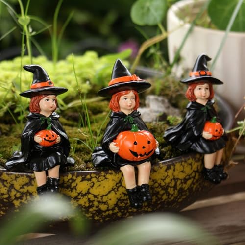 FUANA Whimsical - Juego de figuras de bruja de calabaza de resina, 3 piezas, decoración de Halloween, decoración de interiores, mesa o salpicadero, 18 x 13 x 8,5 cm