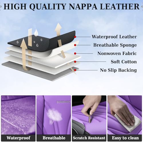 Image of Coverado Car Seat Covers Front Seats, 2 Piece Car Seat Protector with Lumbar Support & Removable Headrest, Breathable Leather Seat Cushion Universal Fit for Truck Automotive Vehicles Purple