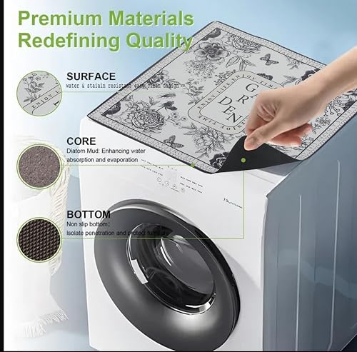 Image of HomeCloud Washing Machine Protective Mat for Top of Washer and Dryer - Non-Slip Waterproof Dust Cover for Laundry & Kitchen (60 x 60) (Black Garden)
