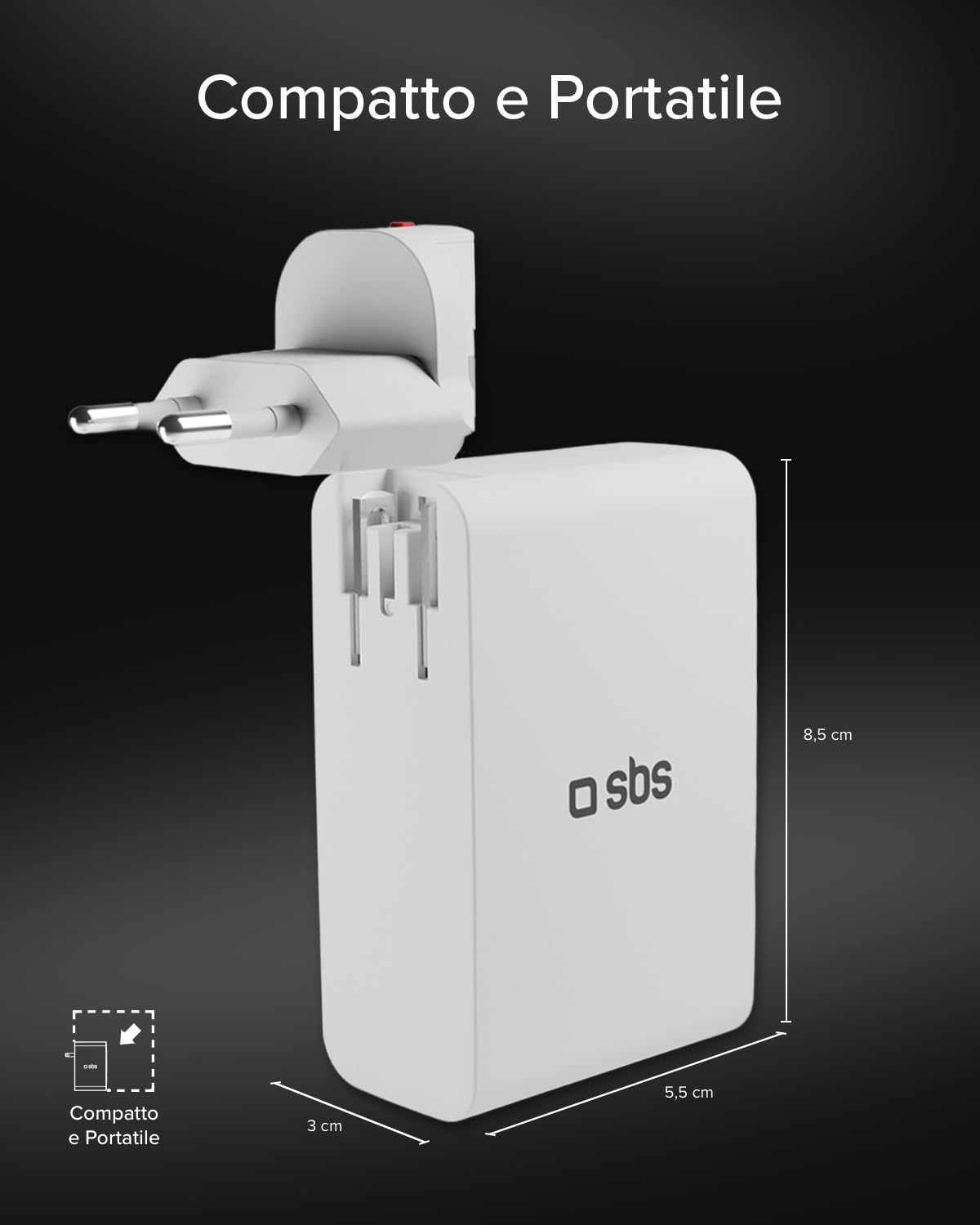 SBS Travel Adapter USB-C 100W, Caricatore da Viaggio con Spine US/UK/EU/AU | Convertitore Adattattore 4 porte USB, Power Delivery (PD), Ricarica Rapida per iPhone, Android, MacBook e Notebook, Bianco
