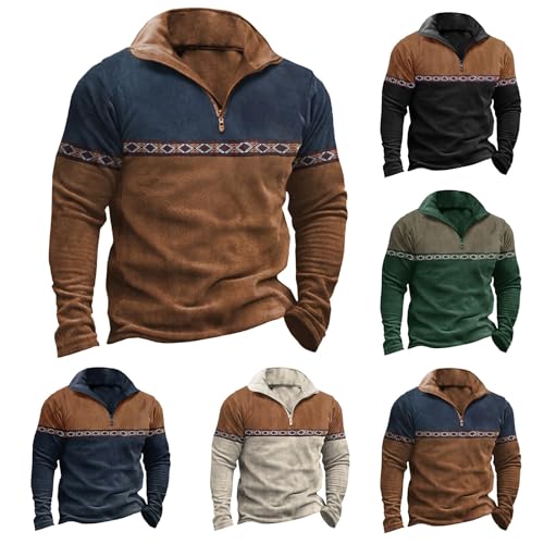 Mens Western Aztec 1/4 Zip Sweatshirts Casual Long Sleeve Vintage Pullover Tops Fall Spring Ethnic Style Cowboy Tops2