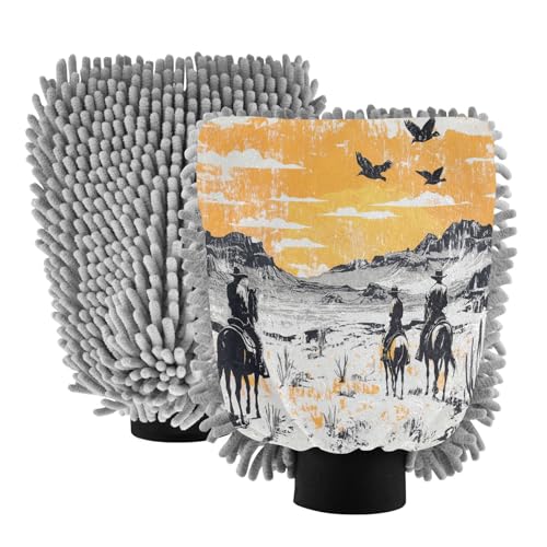 STAYTOP Vintage Western Cowboy Car Wash Mitt Microfiber, 2Pcs Scratch Free Lint-Free, Premium Chenille Microfiber Mitt Car Wash Brush-M
