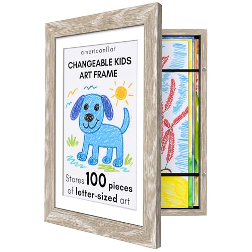 Image of Americanflat Kids Artwork Frame Changeable (Driftwood) - Magnetic Door Holds 100 Art Pieces - 8.5x11 Letter Size Display with Mat or 10x12.5 Without Mat - My Mini Masterpiece