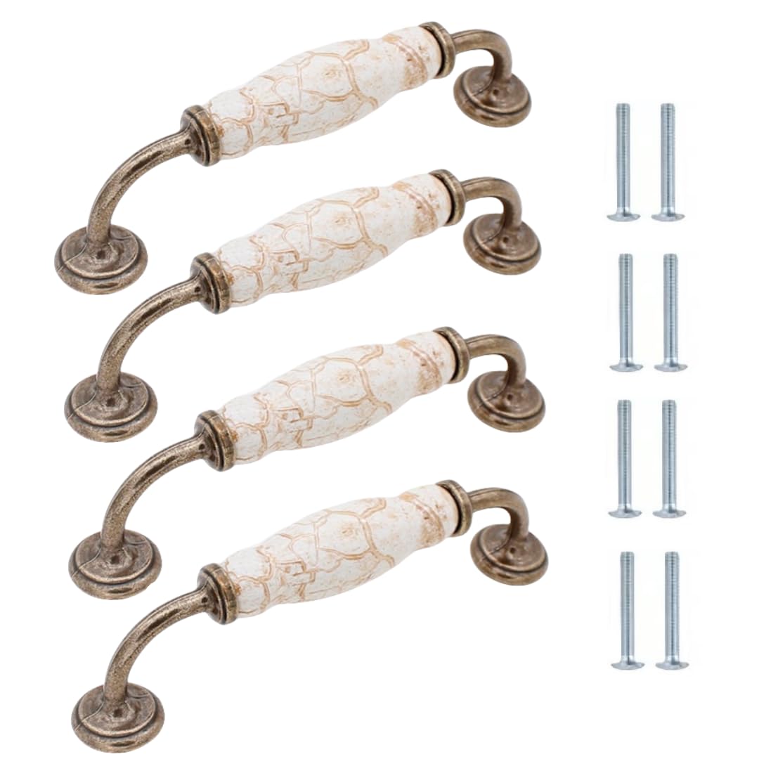 Lqzaxsrdr 150*35Mm Ceramic Cupboard Drawer Handle Knobs, Ceramic Zinc Alloy Door Knobs Cabinet Handles Fine Yellow Marble Multiple Sizes 4 Pcs(150 * 35Mm)