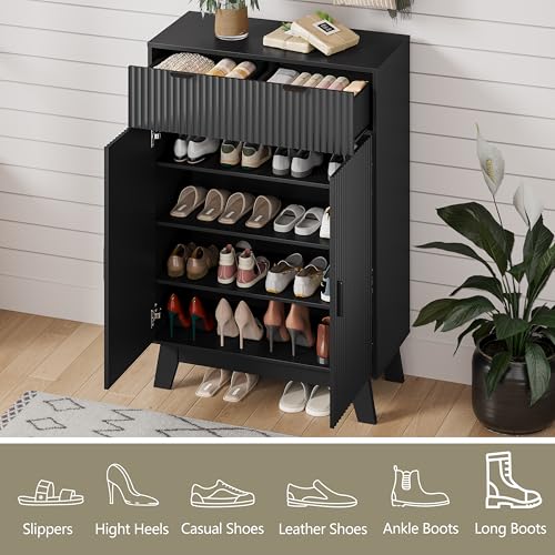 Image of Shoe Cabinet Storage for Entryway, 4 Tier Fluted Shoe Storage Cabinet with 2 Drawers, Narrow Hidden Shoe Organizer with Adjustable Shelves, Freestanding Shoe Rack for Entryway, Hallway, Black