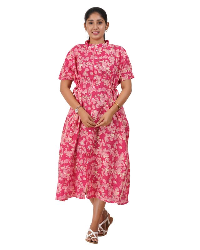 Image of Women's Cotton Full Front Open Dress | Mandarin Collar Button-Down | Darted Waist with Multi Tie-Up | Calf Length | Maternity, Feeding, Elderly & Hospital Wear | Sizes L-3XL