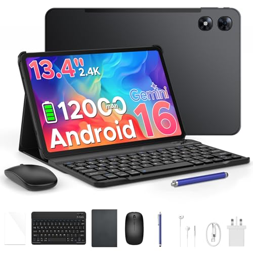 P13 Pro 13.4 Inch Large Tablet Android 16 Tablets Gemini AI 120Hz 48GB+256GB/TF 2TB 12000mAh/18W T7280 Octa-Core 4G Dual SIM OTG 16MP+8MP Face ID 5G WiFi Tablet with Keyboard Stylus Black