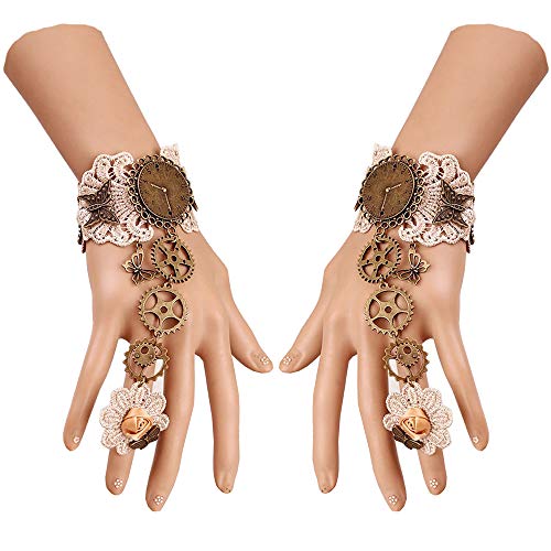 Daimay Gants sans Doigts bronzants Bague de Poignet Steampunk en Dentelle Florale Gothique Gants Vintage Perlés Ensemble de Bague de Mariage - 1 Paire - Style d'équipement Brun Clair Cover
