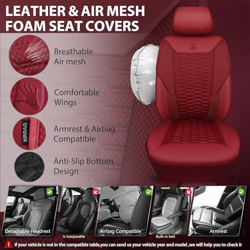 Image of CAR PASS 3D Foam Mesh Leather Seat Covers Full Set, Wine Red Breathable Mesh Faux Leather Seat Covers for Car, Universal Fit for SUVs Vans Sedan Trucks Automotive,Armrest Airbag Compatible, Burgundy