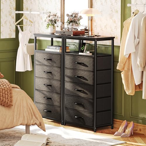 Image of Huuger 5 Drawers Dresser with Charging Station, Dresser for Bedroom | Tall Night Stand, Chest of Drawers with Open Shelf, Bedside Table Nightstand, Fabric Storage Drawers, for Entryway, Black