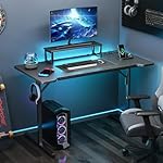 Small Gaming Desk with LED Lights & Power Outlets, 47 Inch Computer Desk with Monitor Stand, PC Gaming Table with Carbon Fiber, Black - Image 2