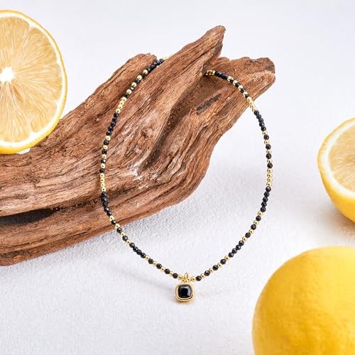Black Crystal Pendant Necklace 18k Gold Plated Beaded with Gemstones Chain Necklace for Women 17.7" Choker Tennis Necklace Elegant Jewellery Trendy Gift for Girlfriend Mother3